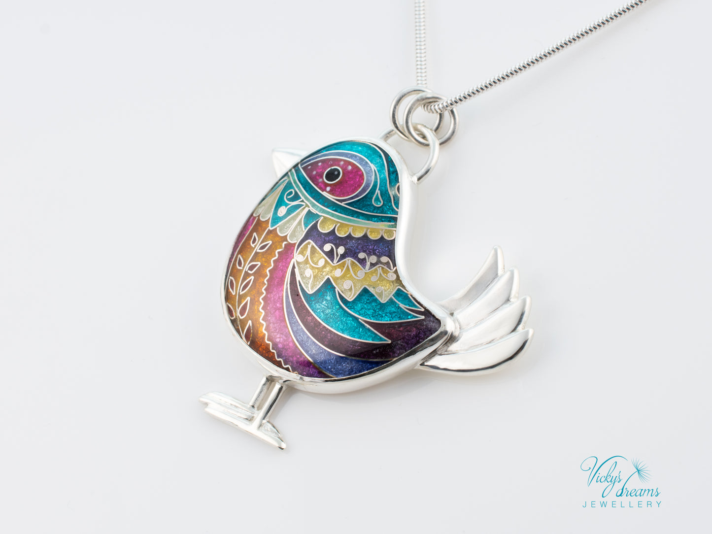Handmade Cloisonné Bird Pendant Sterling Silver Colorful Enamel Bird Necklace Artisan Unique Jewelry Gift for Her