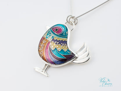 Handmade Cloisonné Bird Pendant Sterling Silver Colorful Enamel Bird Necklace Artisan Unique Jewelry Gift for Her