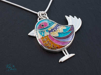 Handmade Cloisonné Bird Pendant Sterling Silver Colorful Enamel Bird Necklace Artisan Unique Jewelry Gift for Her