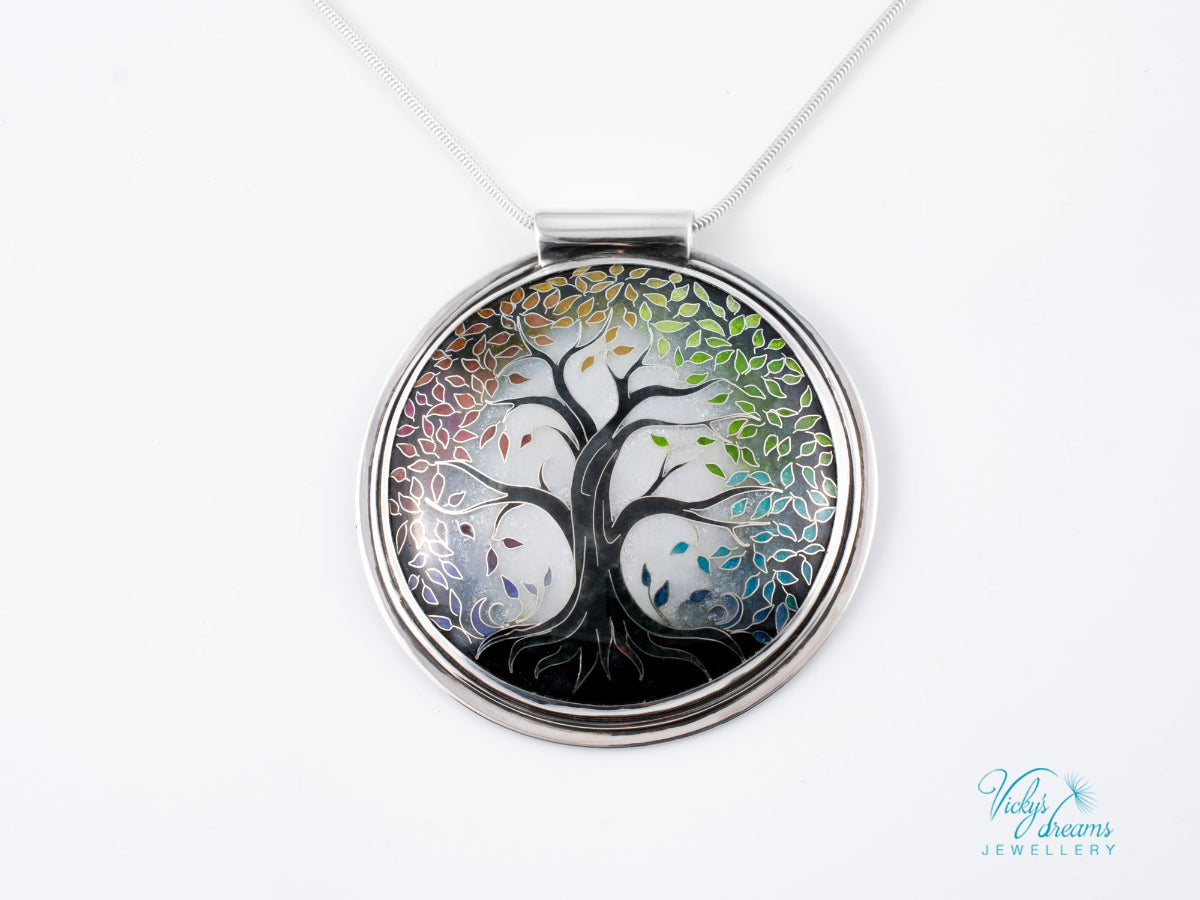 handmade cloisonne tree pendant sterling silver