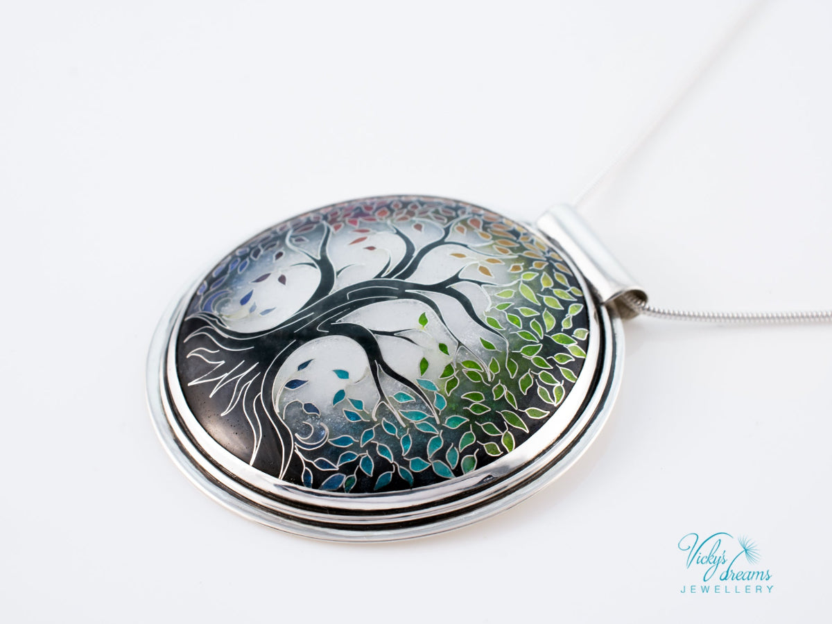 handmade cloisonne tree pendant sterling silver