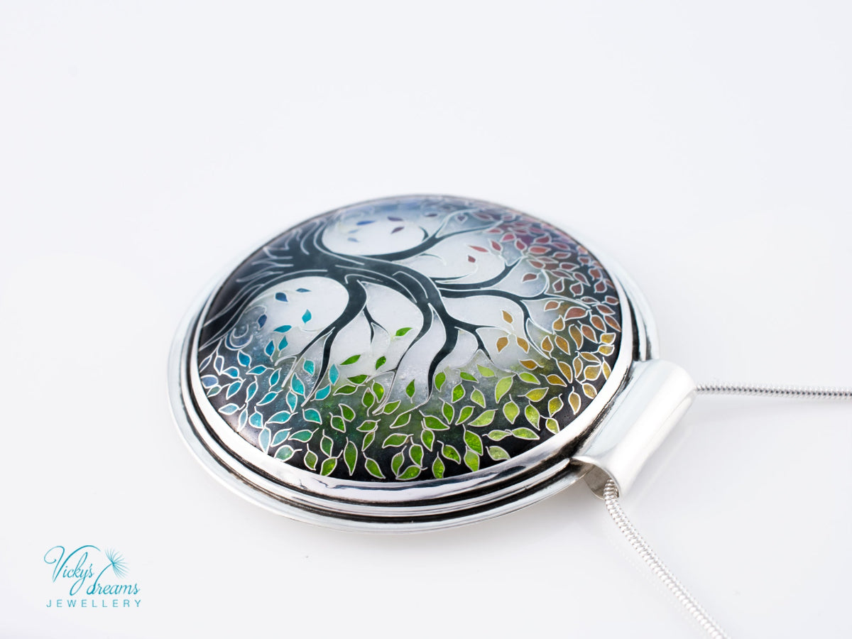 handmade cloisonne tree pendant sterling silver