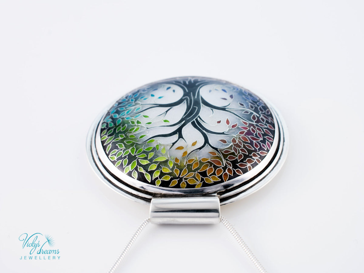 handmade cloisonne tree pendant sterling silver