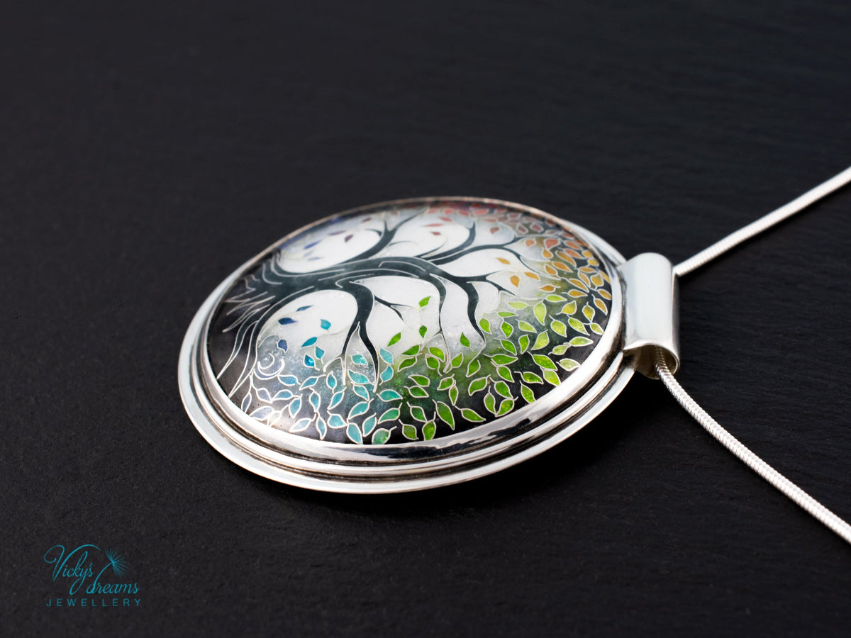handmade cloisonne tree pendant sterling silver