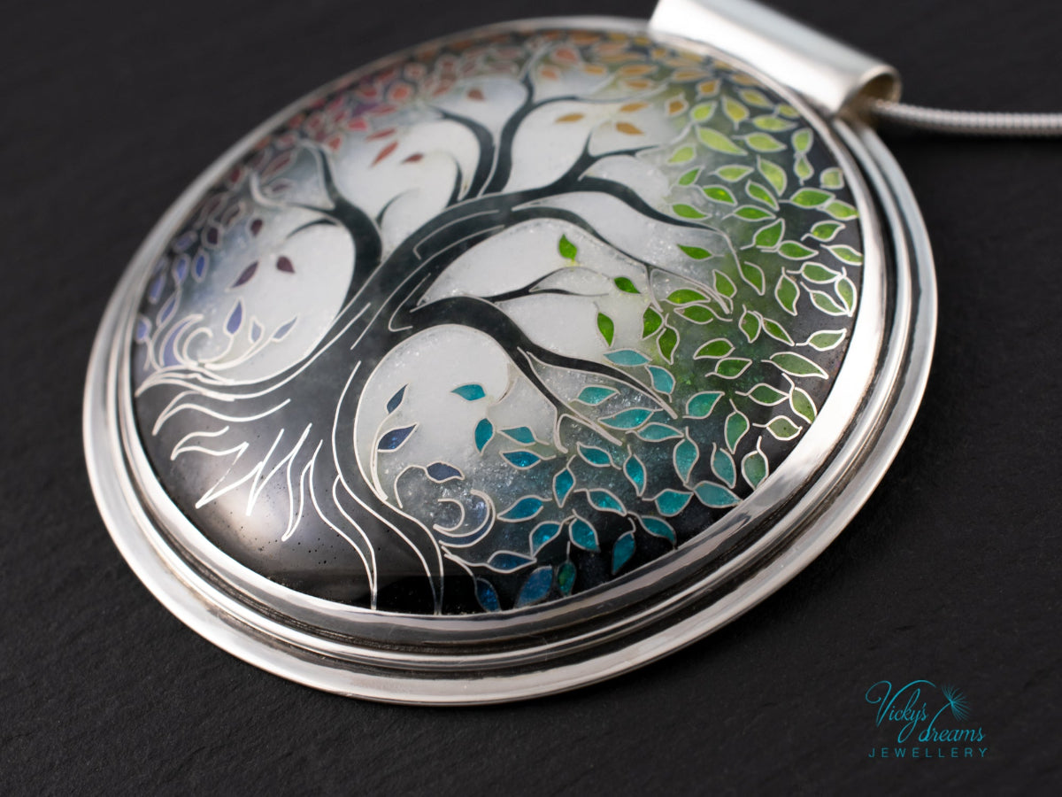 handmade cloisonne tree pendant sterling silver