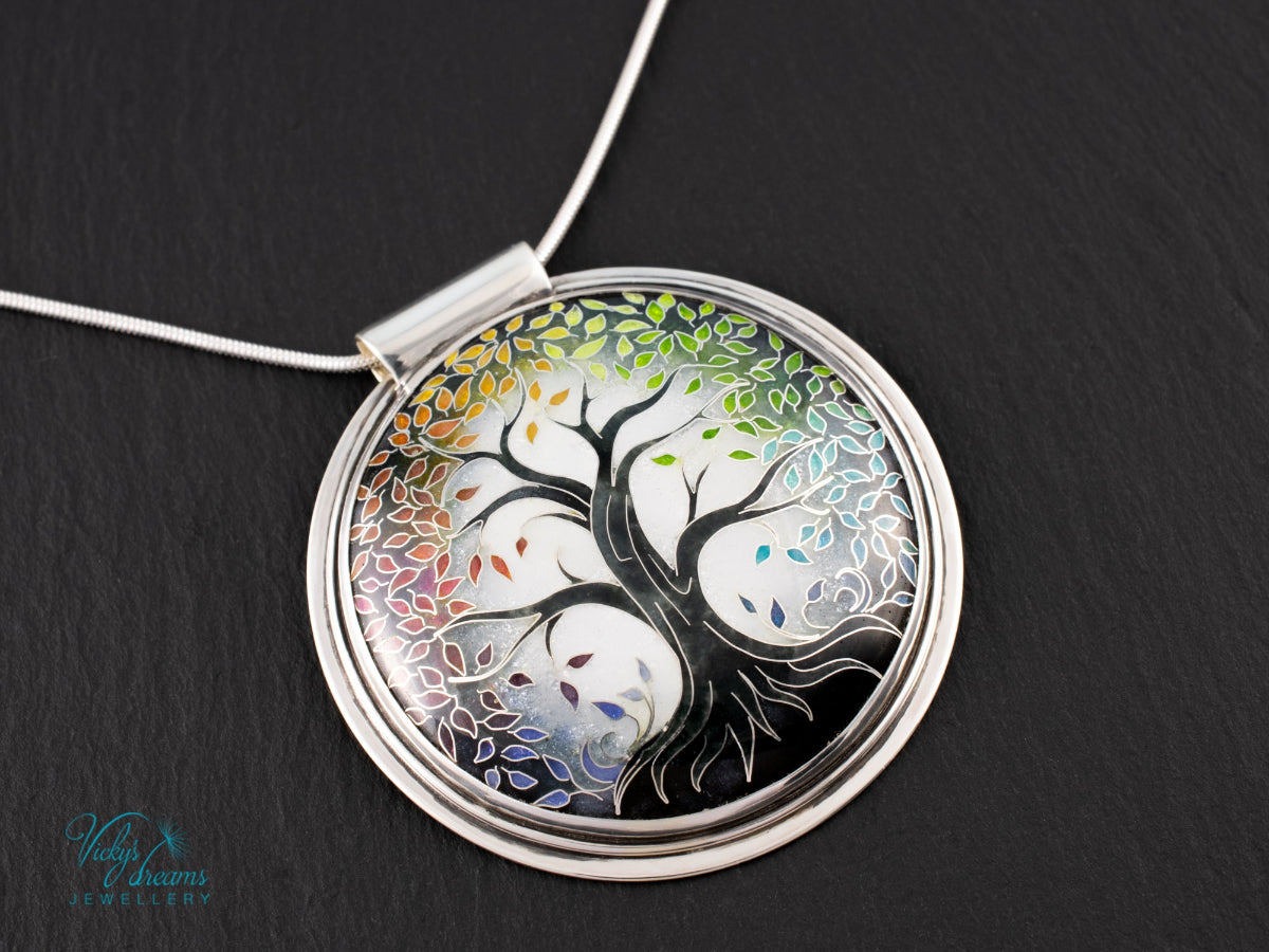 handmade cloisonne tree pendant sterling silver