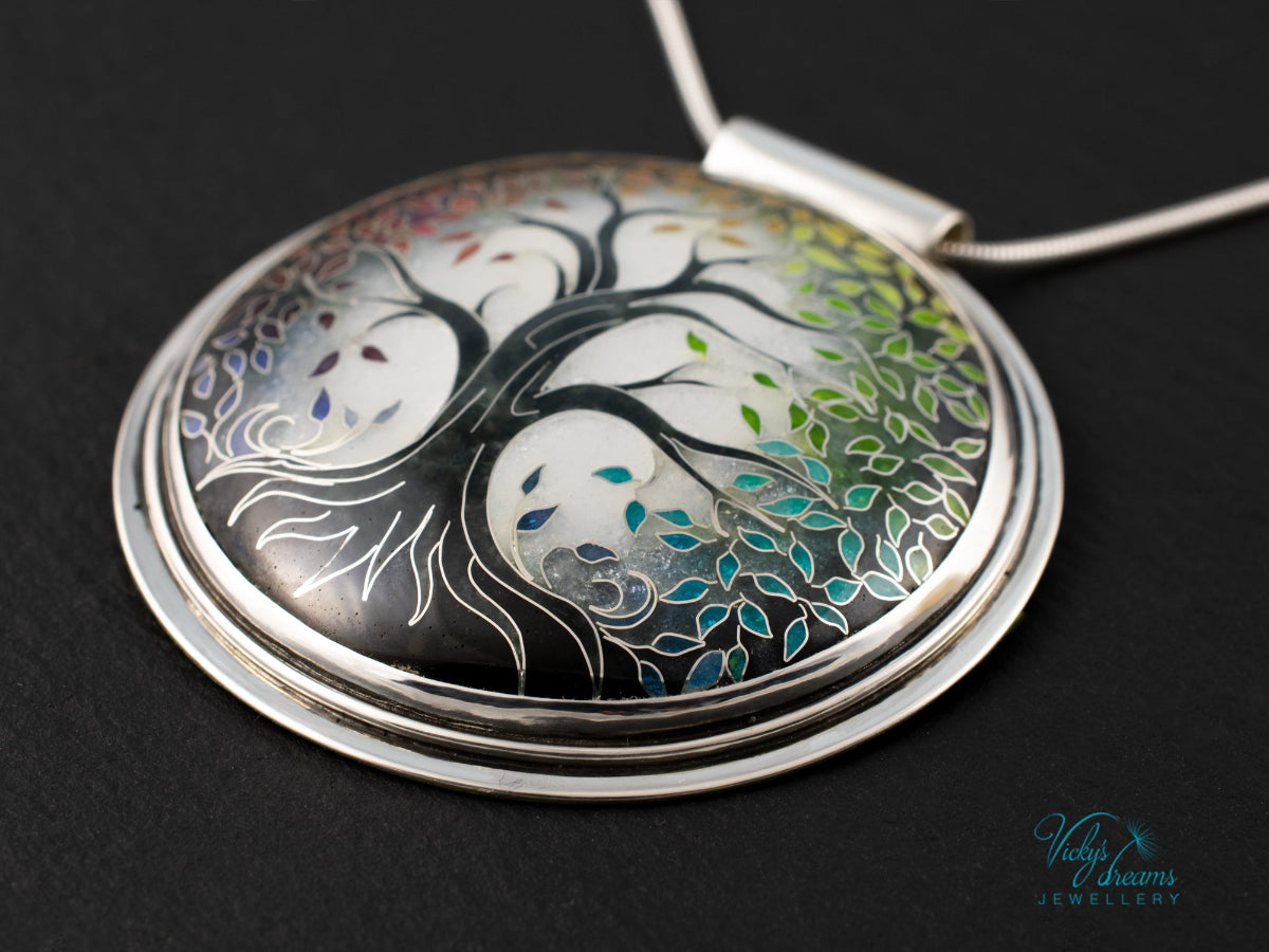 handmade cloisonne tree pendant sterling silver