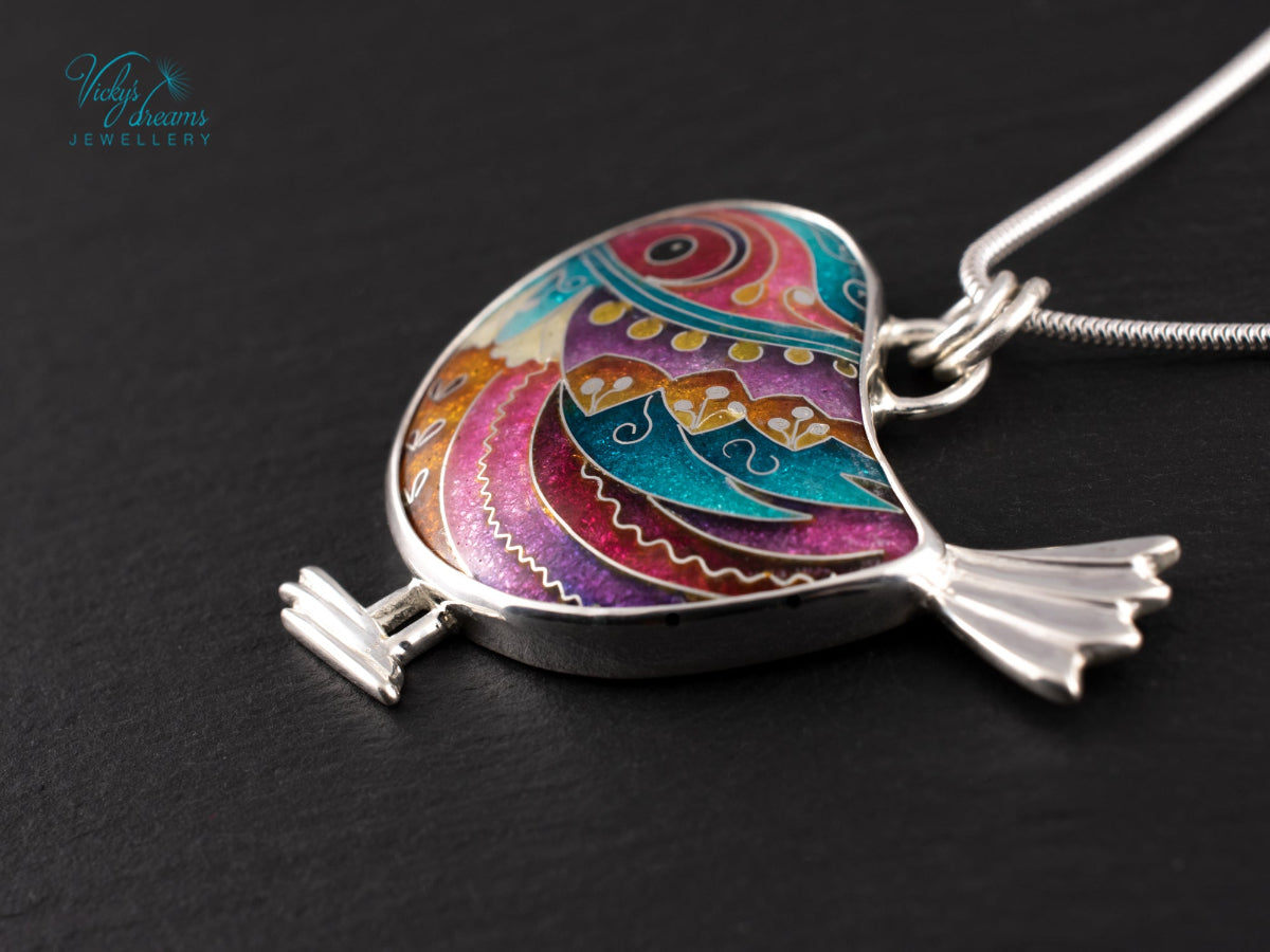 handmade cloisonne bird pendant sterling silver