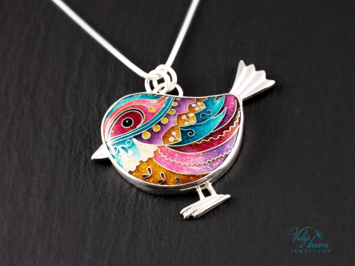 handmade cloisonne bird pendant sterling silver