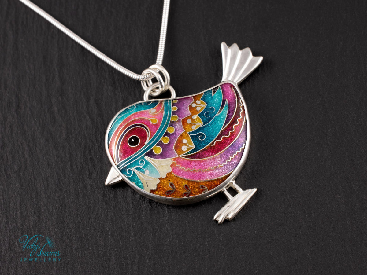 handmade cloisonne bird pendant sterling silver