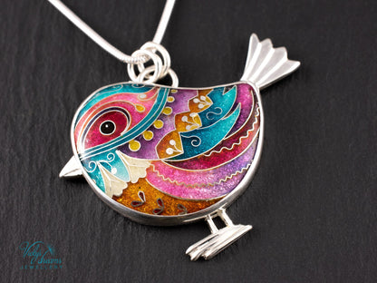handmade cloisonne bird pendant sterling silver