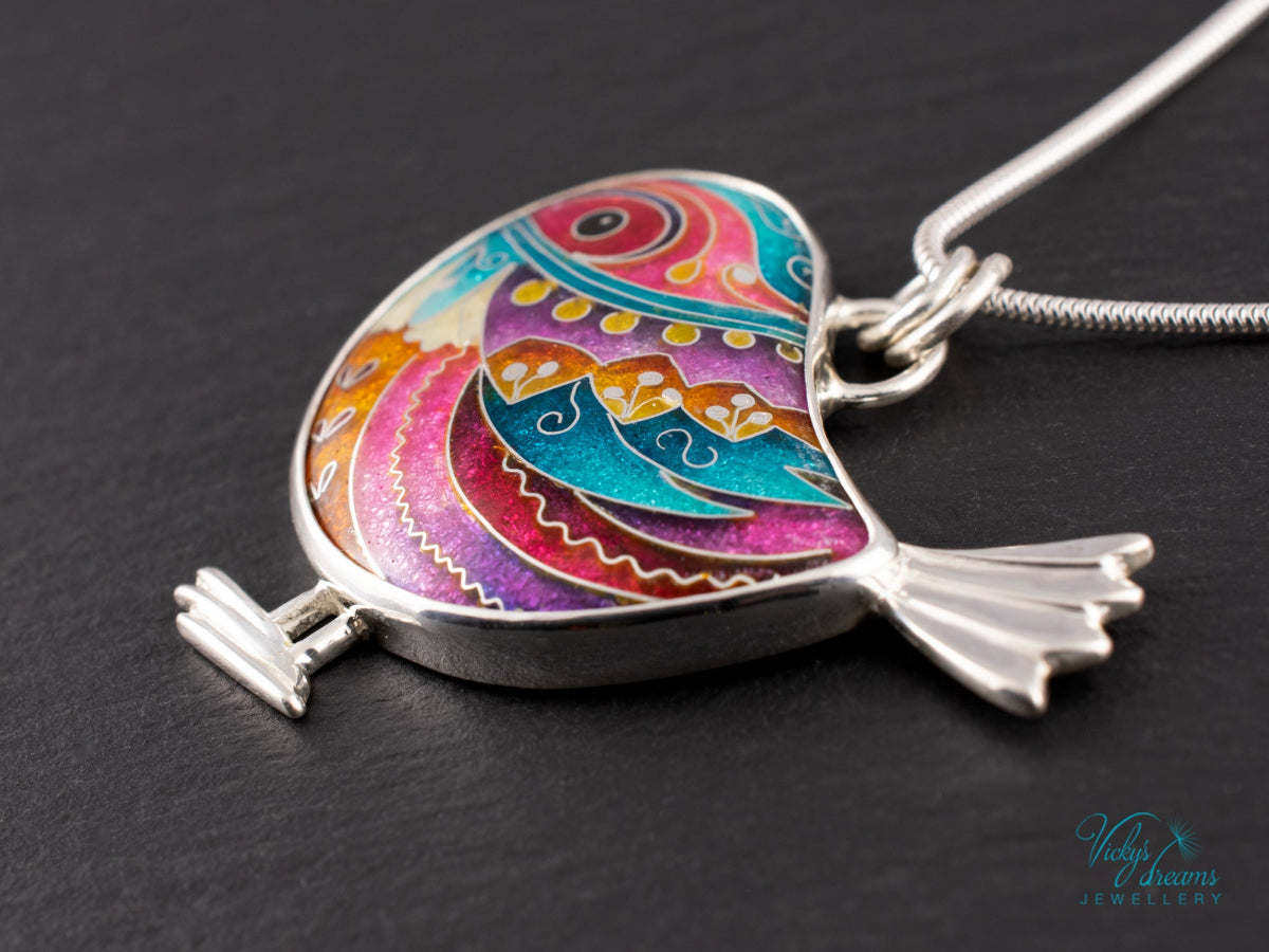 handmade cloisonne bird pendant sterling silver