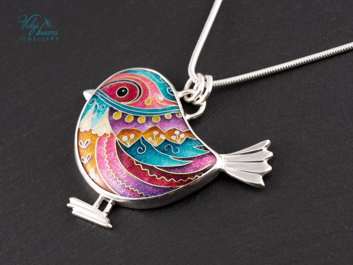 handmade cloisonne bird pendant sterling silver