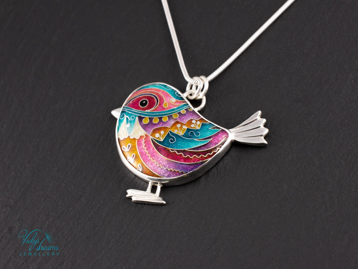 handmade cloisonne bird pendant sterling silver
