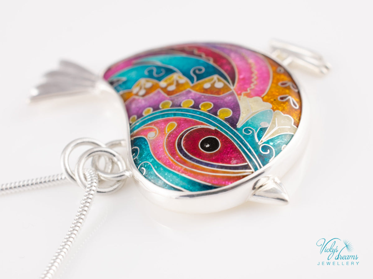 handmade cloisonne bird pendant sterling silver