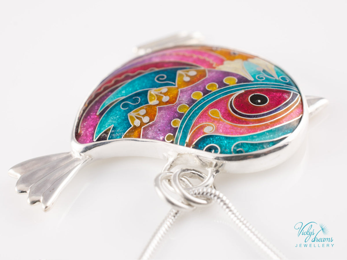 handmade cloisonne bird pendant sterling silver