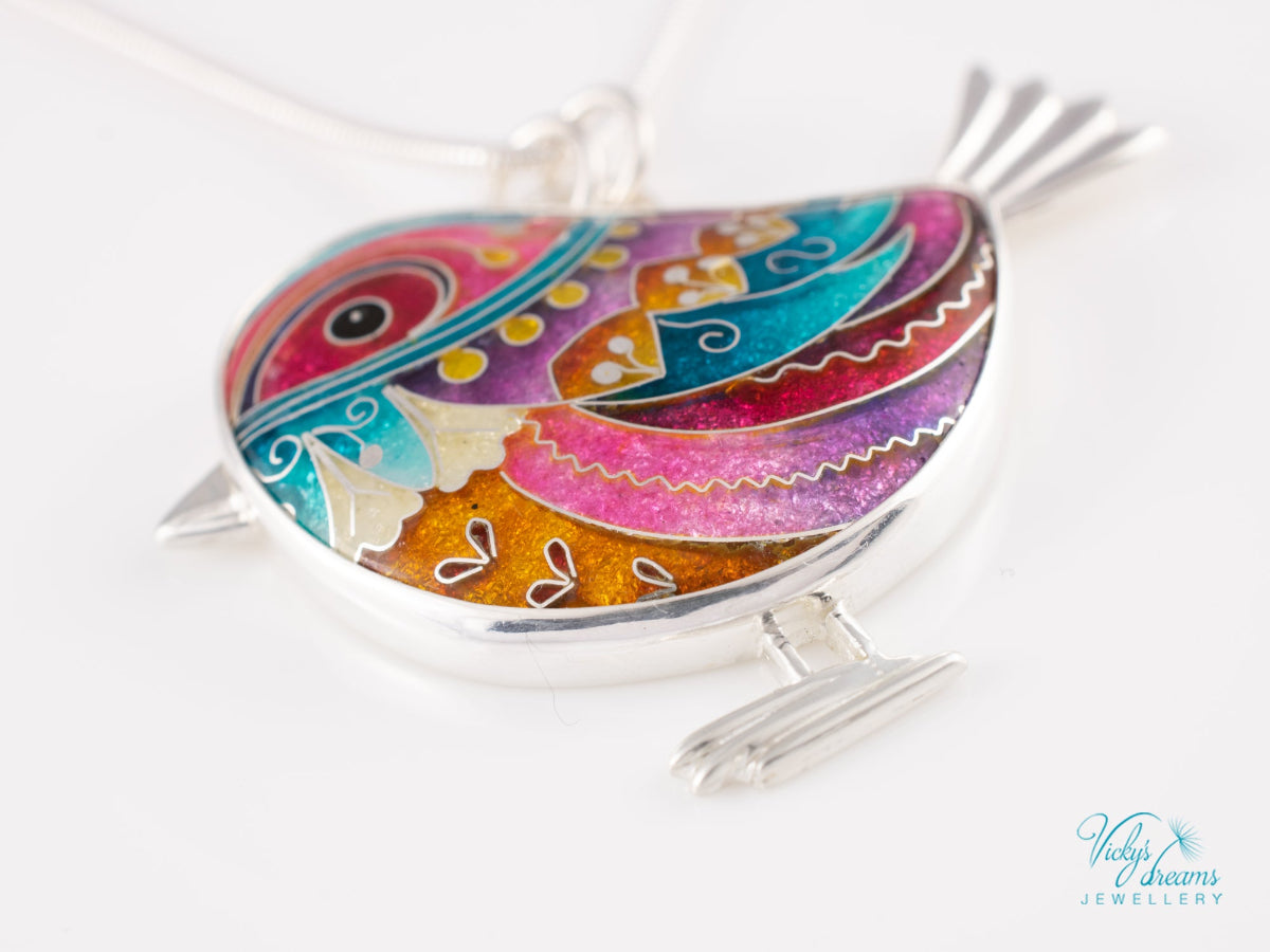 handmade cloisonne bird pendant sterling silver