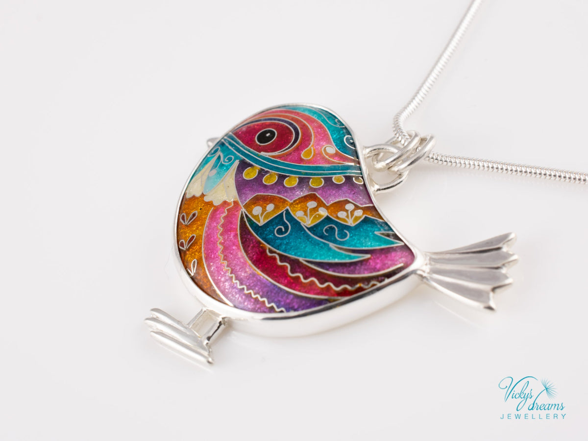 handmade cloisonne bird pendant sterling silver