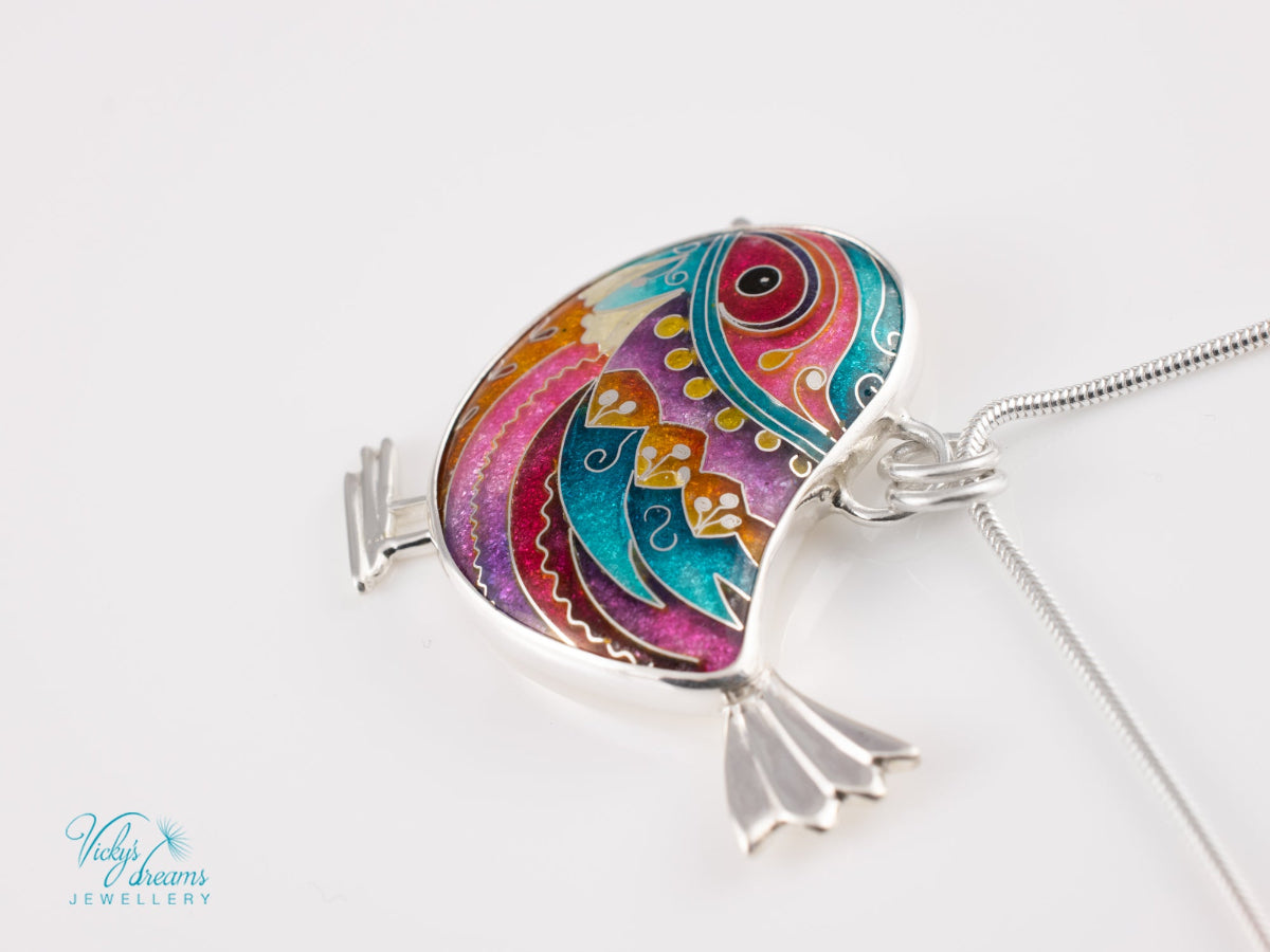 handmade cloisonne bird pendant sterling silver
