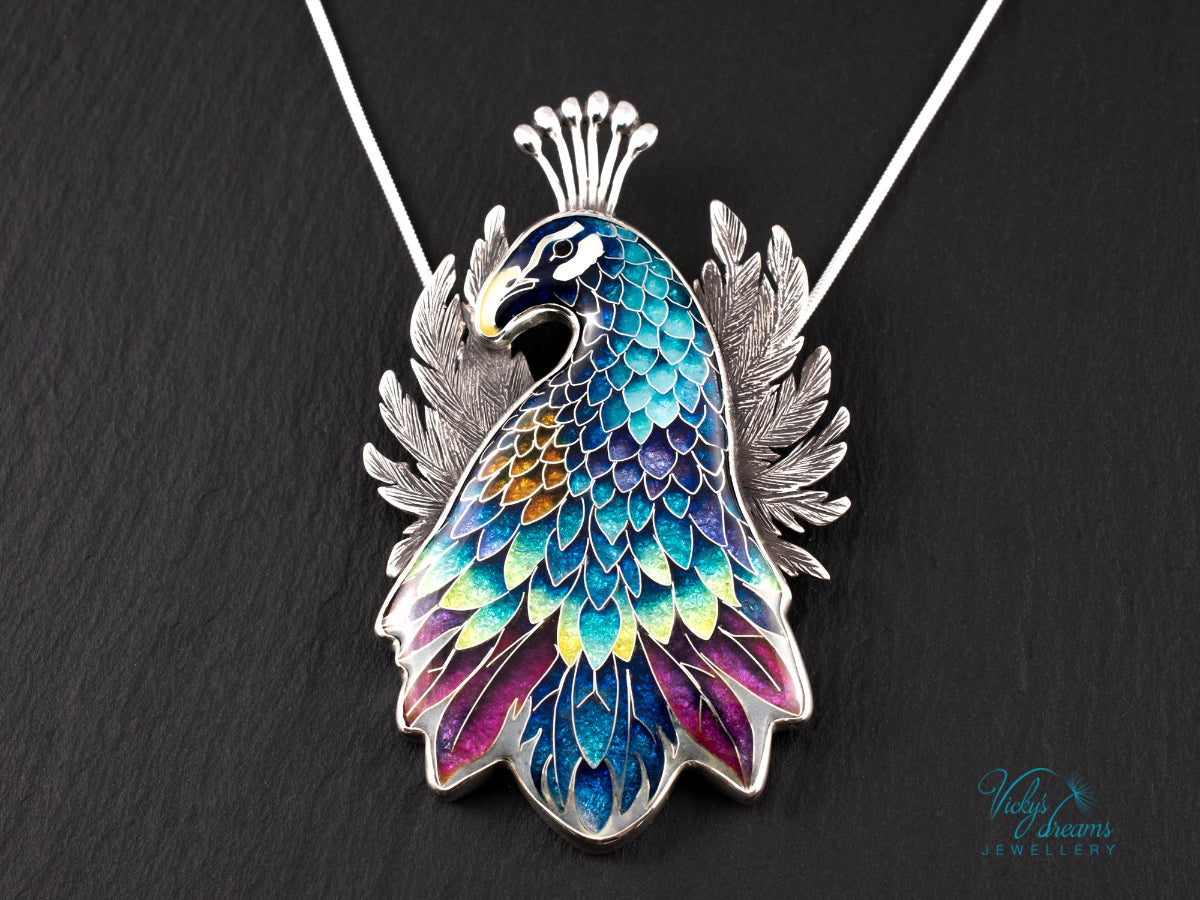 handmade cloisonne peacock pendant sterling silver
