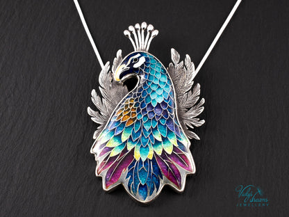 handmade cloisonne peacock pendant sterling silver