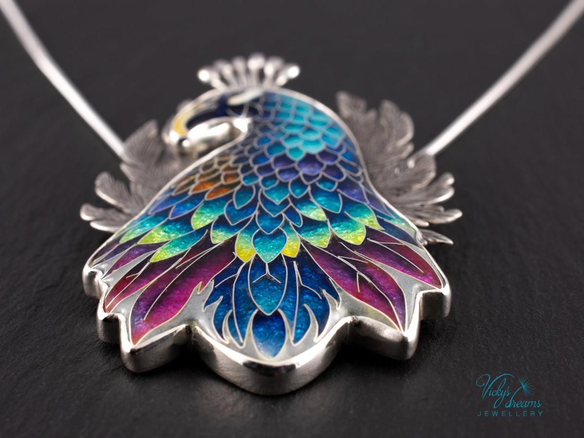 handmade cloisonne peacock pendant sterling silver