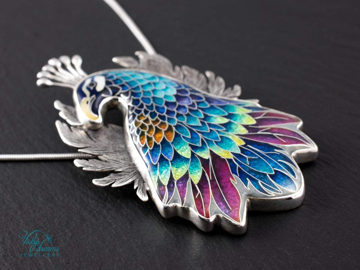 handmade cloisonne peacock pendant sterling silver