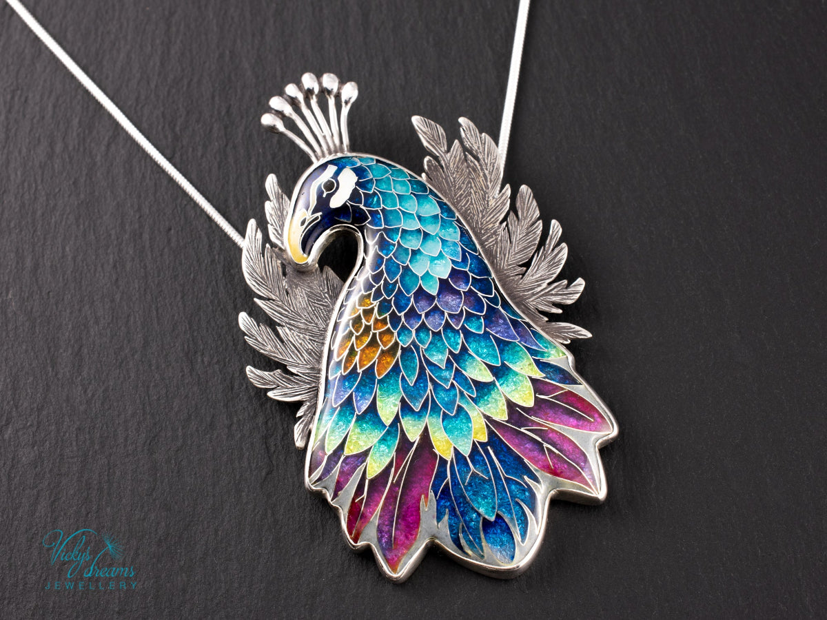 handmade cloisonne peacock pendant sterling silver