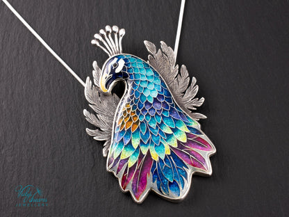 handmade cloisonne peacock pendant sterling silver