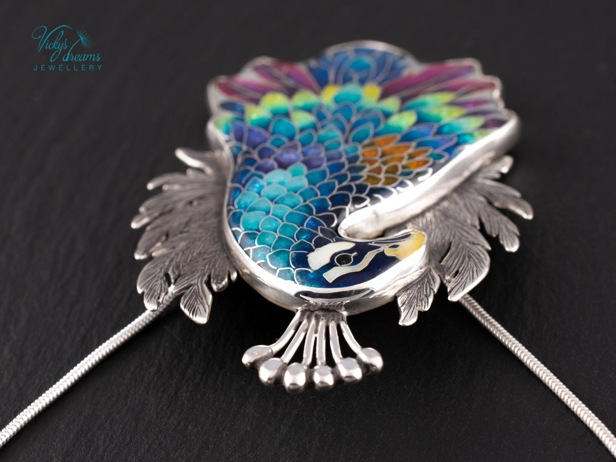 handmade cloisonne peacock pendant sterling silver