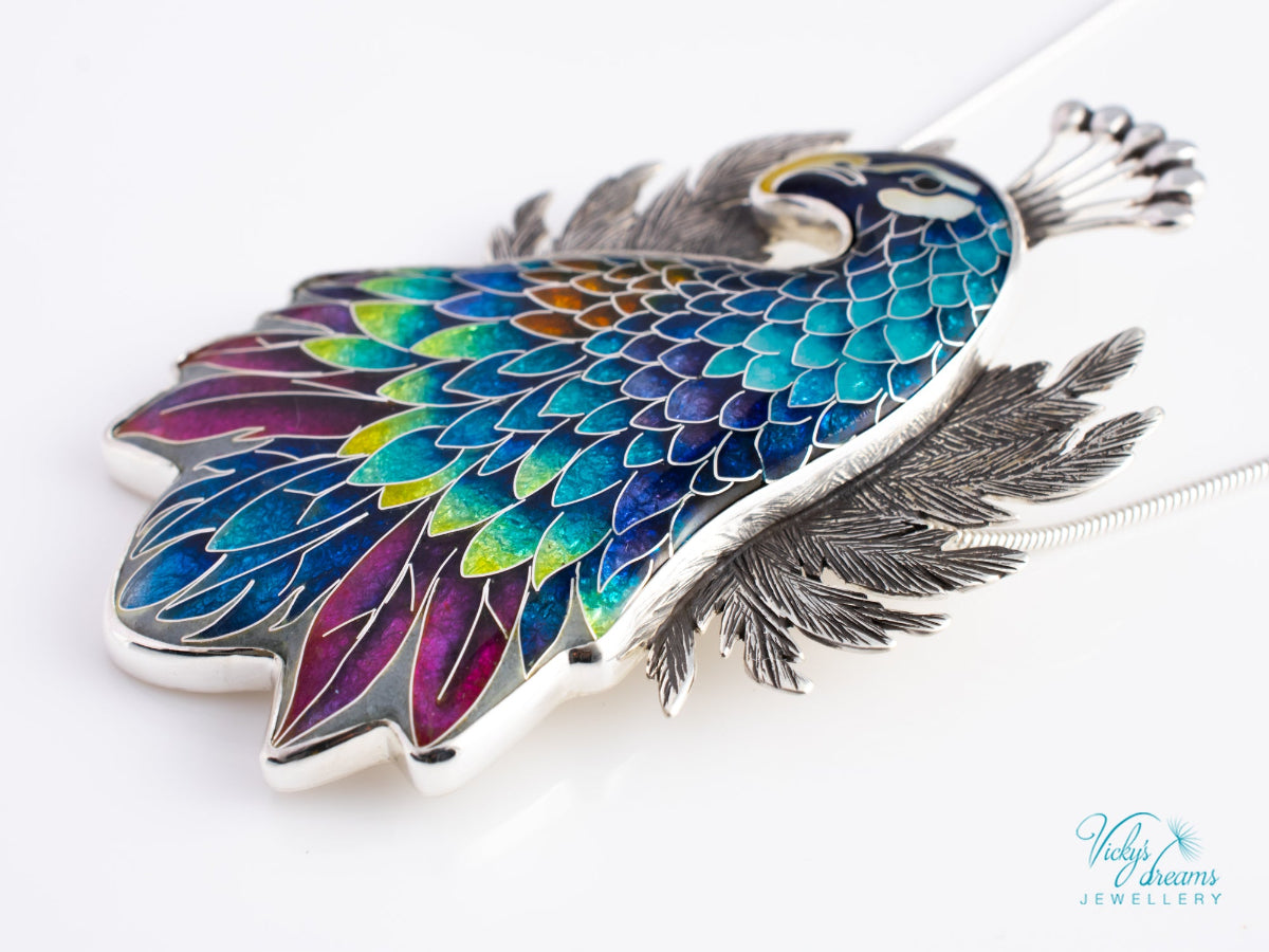 handmade cloisonne peacock pendant sterling silver