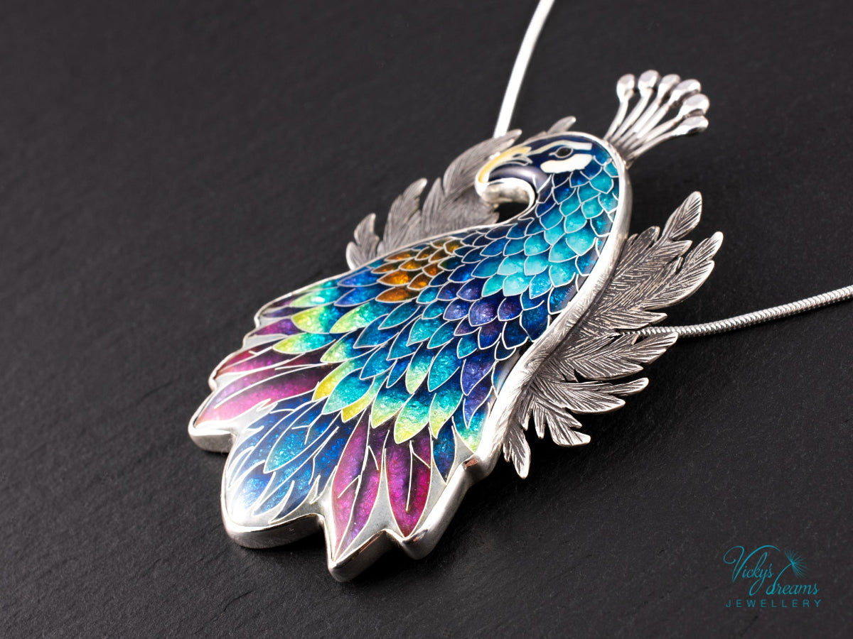 handmade cloisonne peacock pendant sterling silver