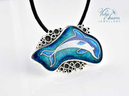 Handcrafted cloisonné dolphin pendant on sterling silver