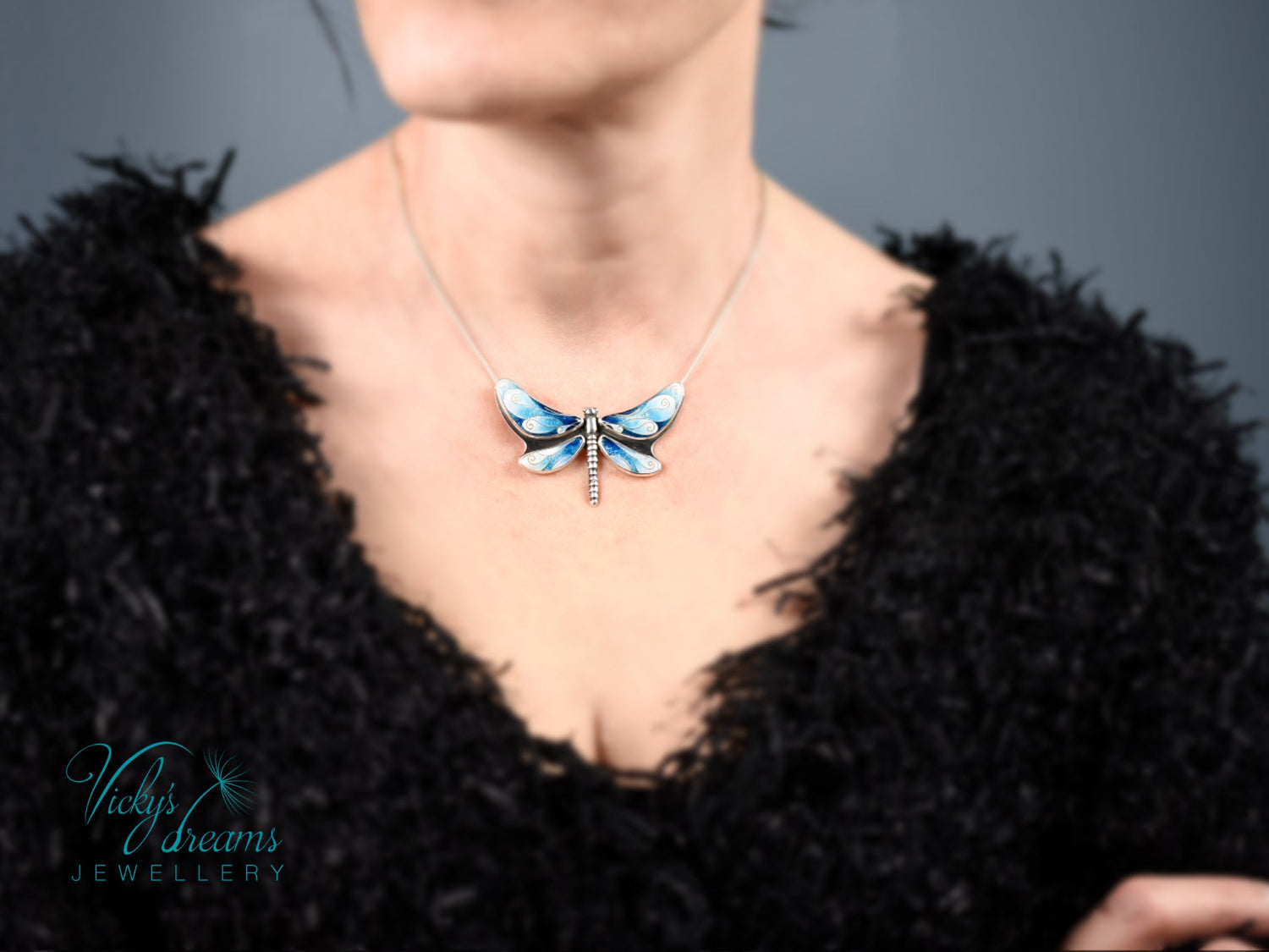 Handmade cloisonné enamel dragonfly pendant in oxidized sterling silver