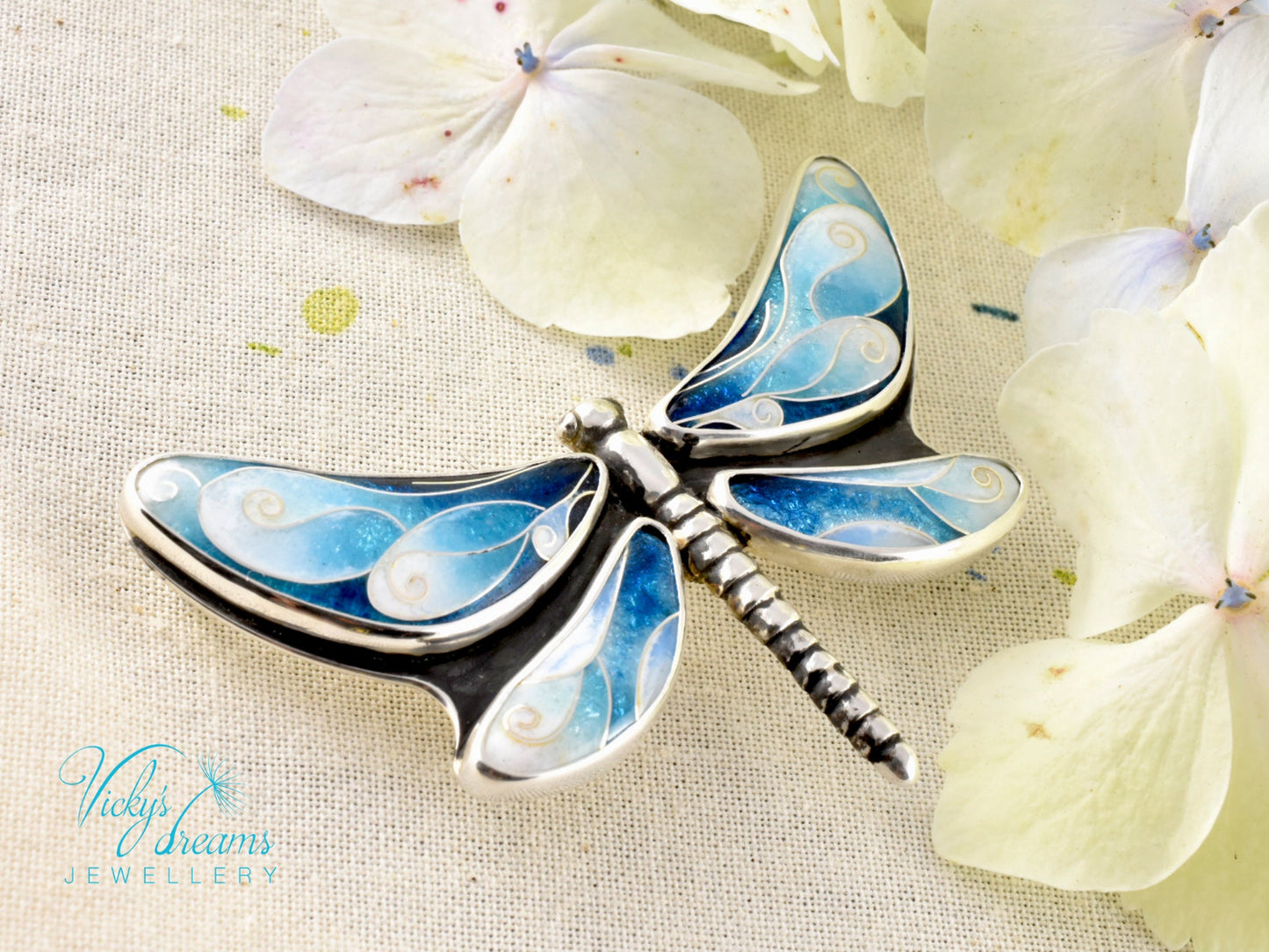 Handmade cloisonné enamel dragonfly pendant in oxidized sterling silver