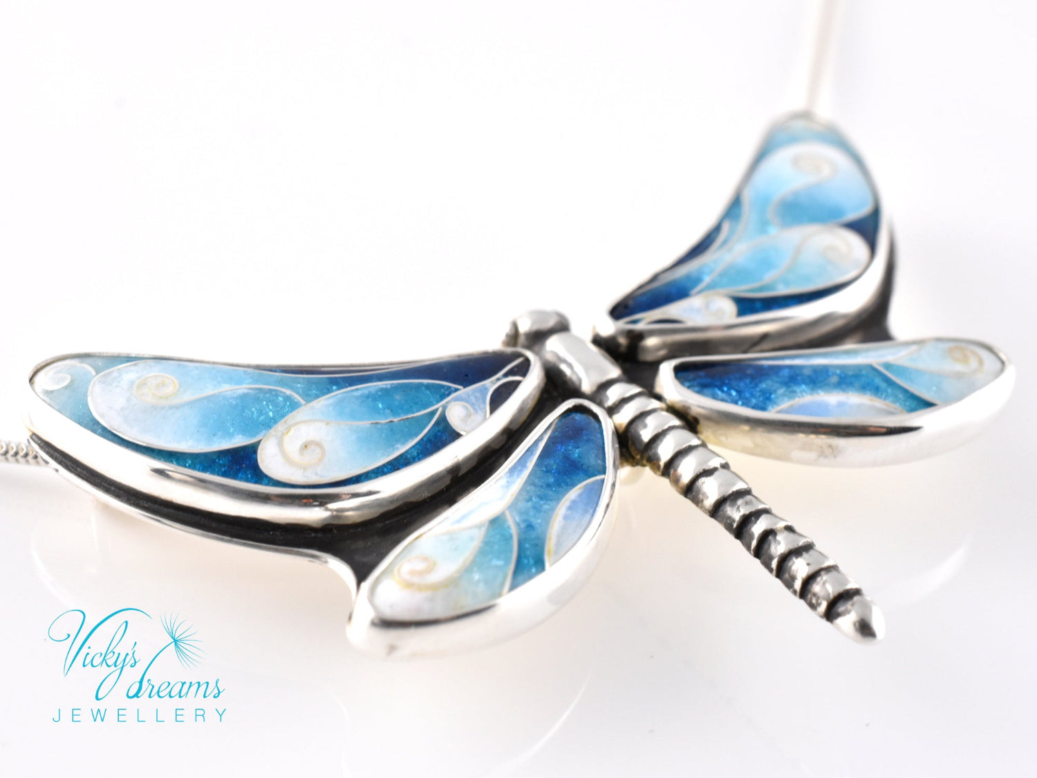 Handmade cloisonné enamel dragonfly pendant in oxidized sterling silver