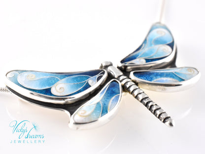 Handmade cloisonné enamel dragonfly pendant in oxidized sterling silver