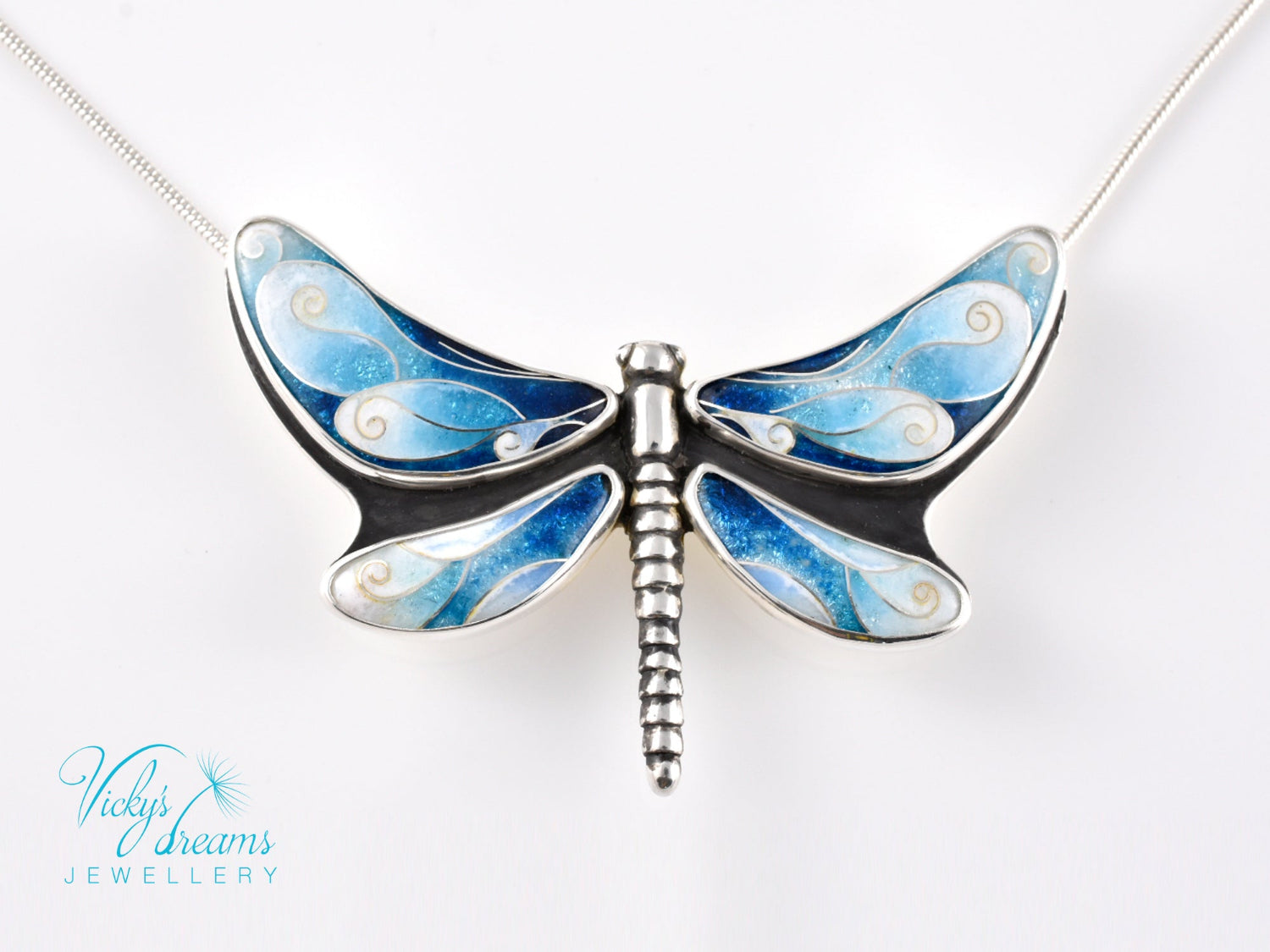 Handmade cloisonné enamel dragonfly pendant in oxidized sterling silver