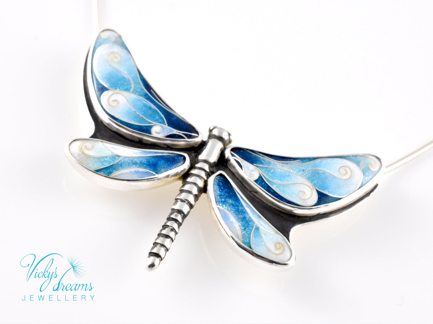 Handmade cloisonné enamel dragonfly pendant in oxidized sterling silver