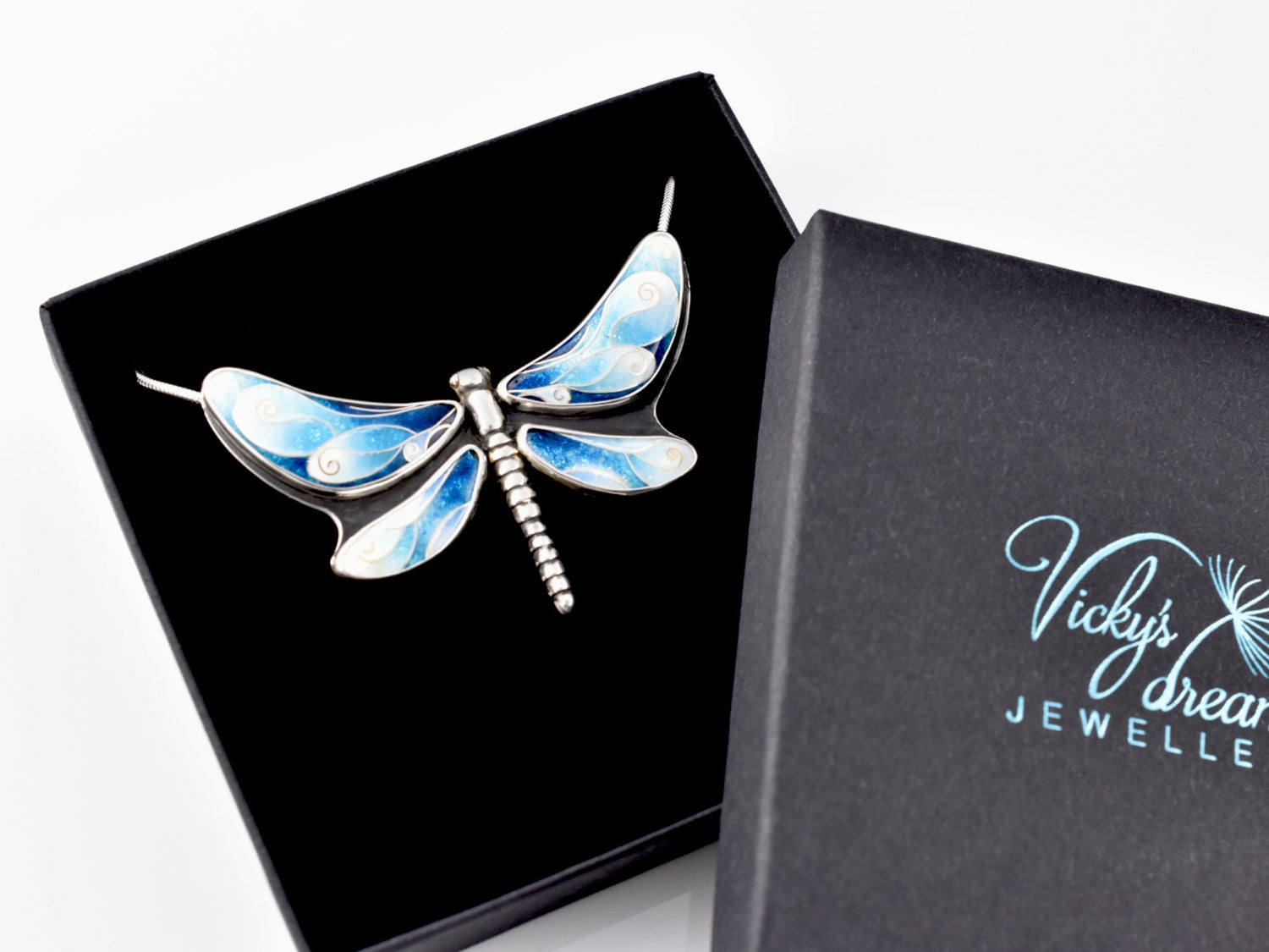 Handmade cloisonné enamel dragonfly pendant in oxidized sterling silver