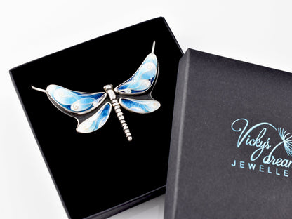 Handmade cloisonné enamel dragonfly pendant in oxidized sterling silver