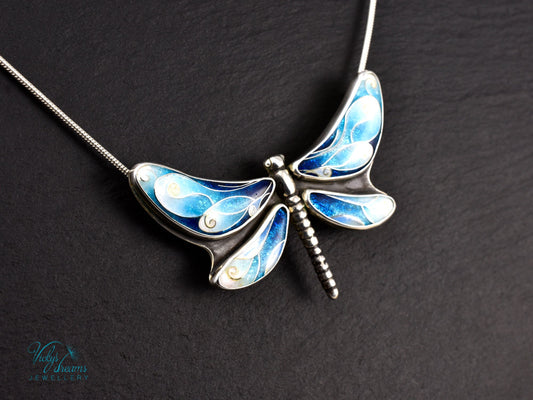 Handmade cloisonné enamel dragonfly pendant in oxidized sterling silver