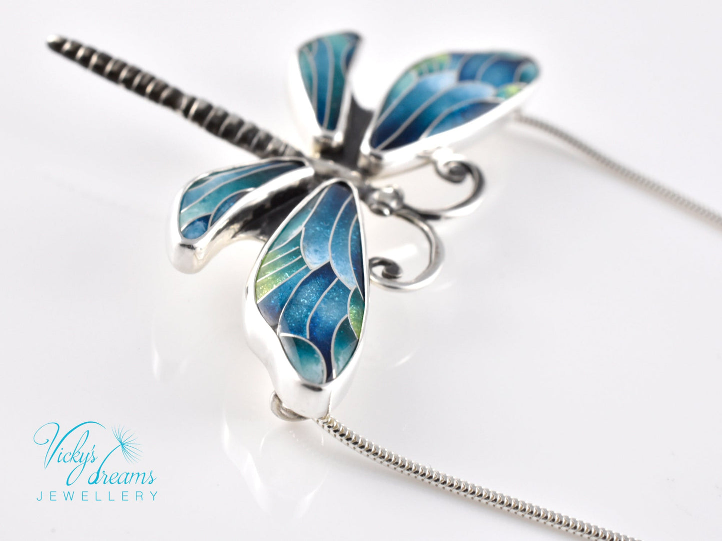 Handmade cloisonné enamel dragonfly pendant in oxidized sterling silver