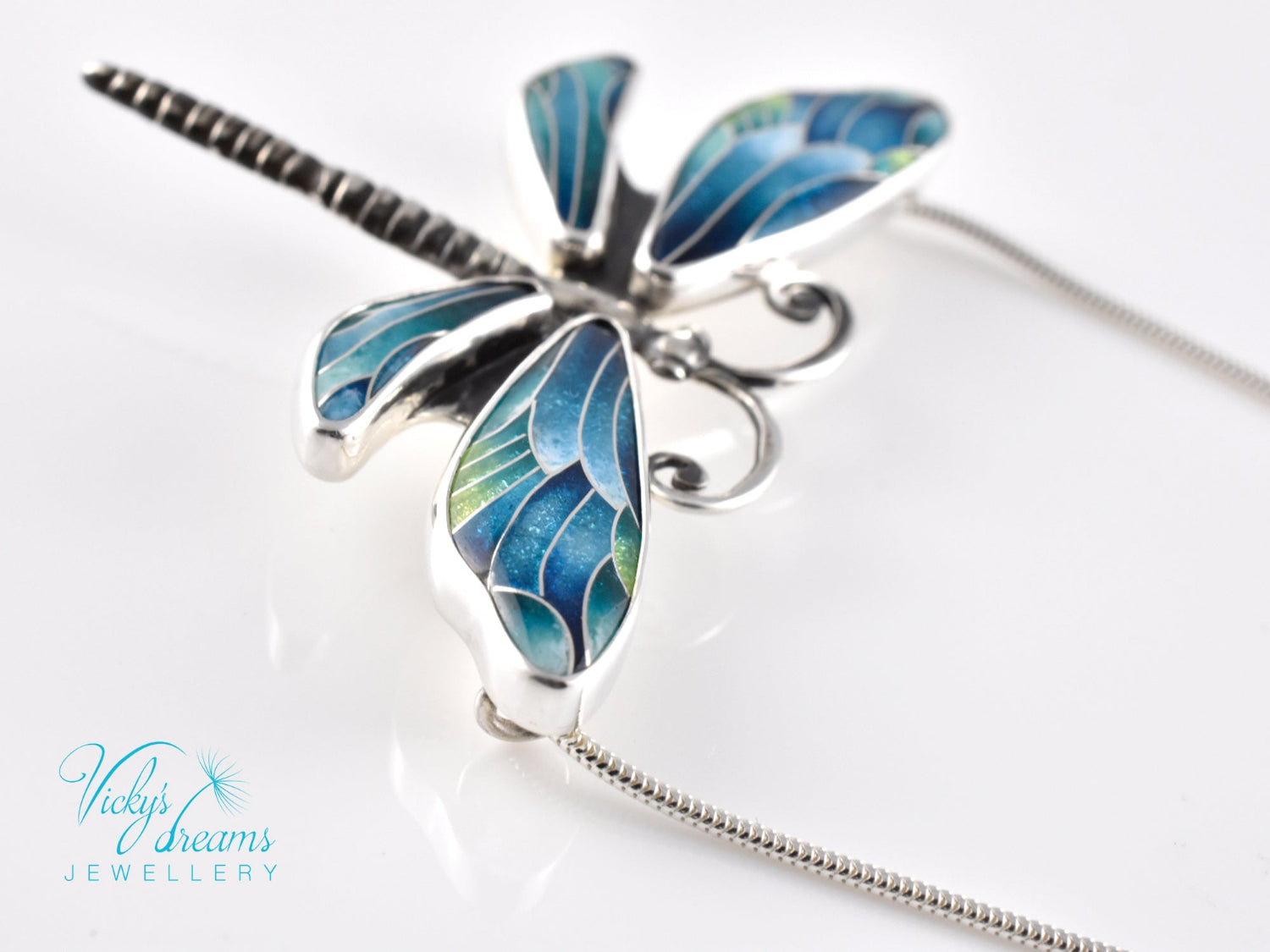 Handmade cloisonné enamel dragonfly pendant in oxidized sterling silver