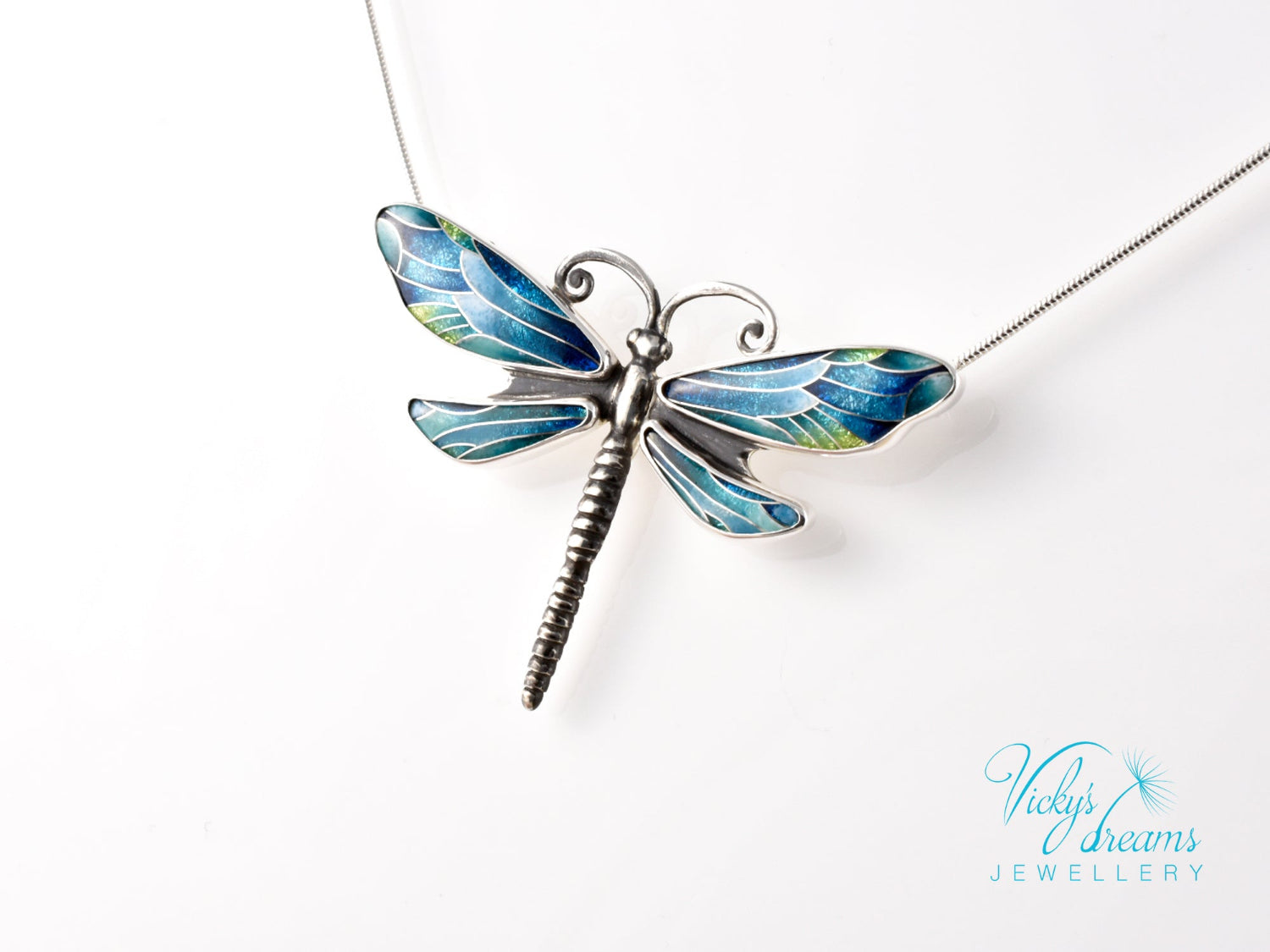 Handmade cloisonné enamel dragonfly pendant in oxidized sterling silver