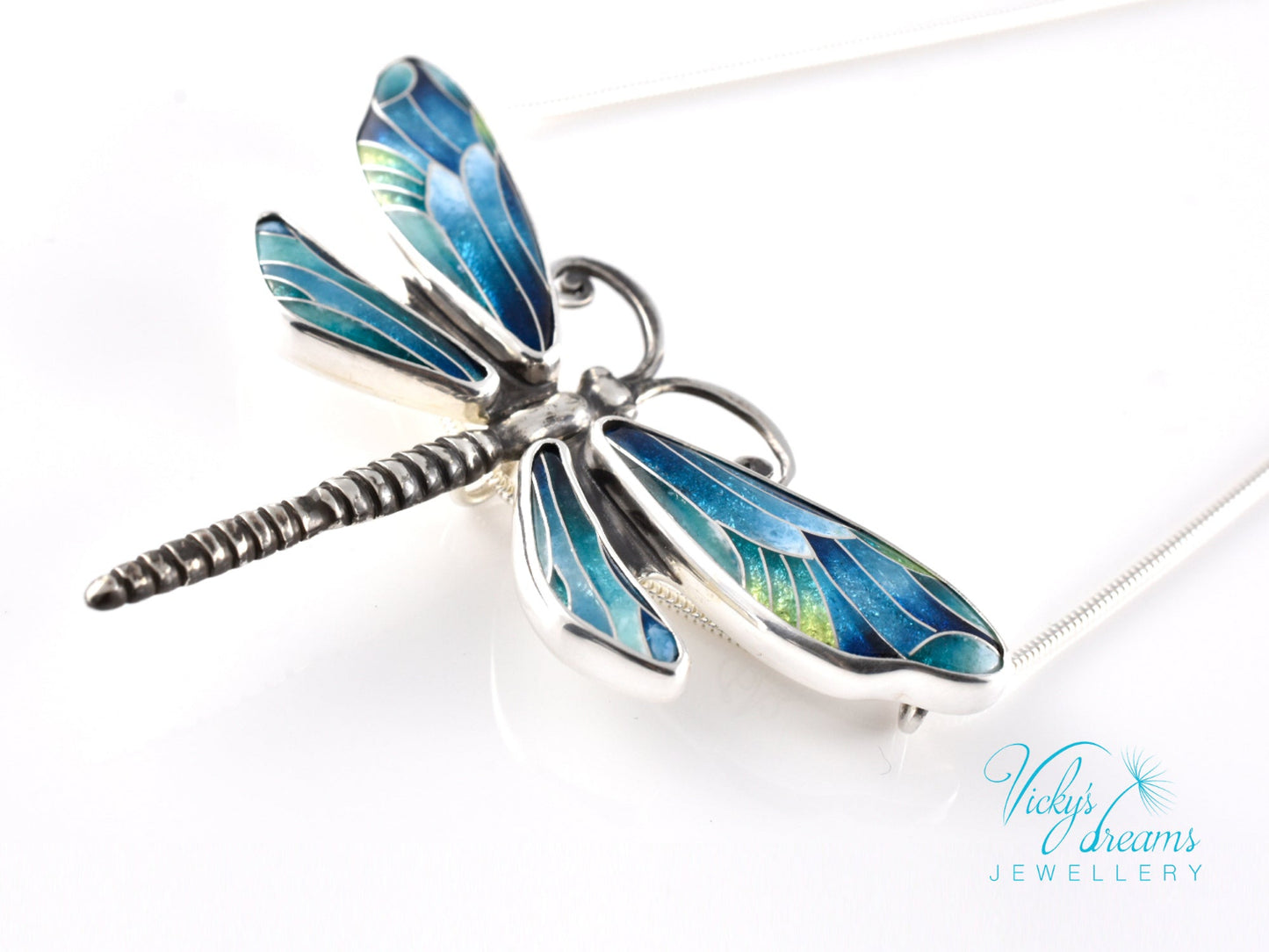 Handmade cloisonné enamel dragonfly pendant in oxidized sterling silver