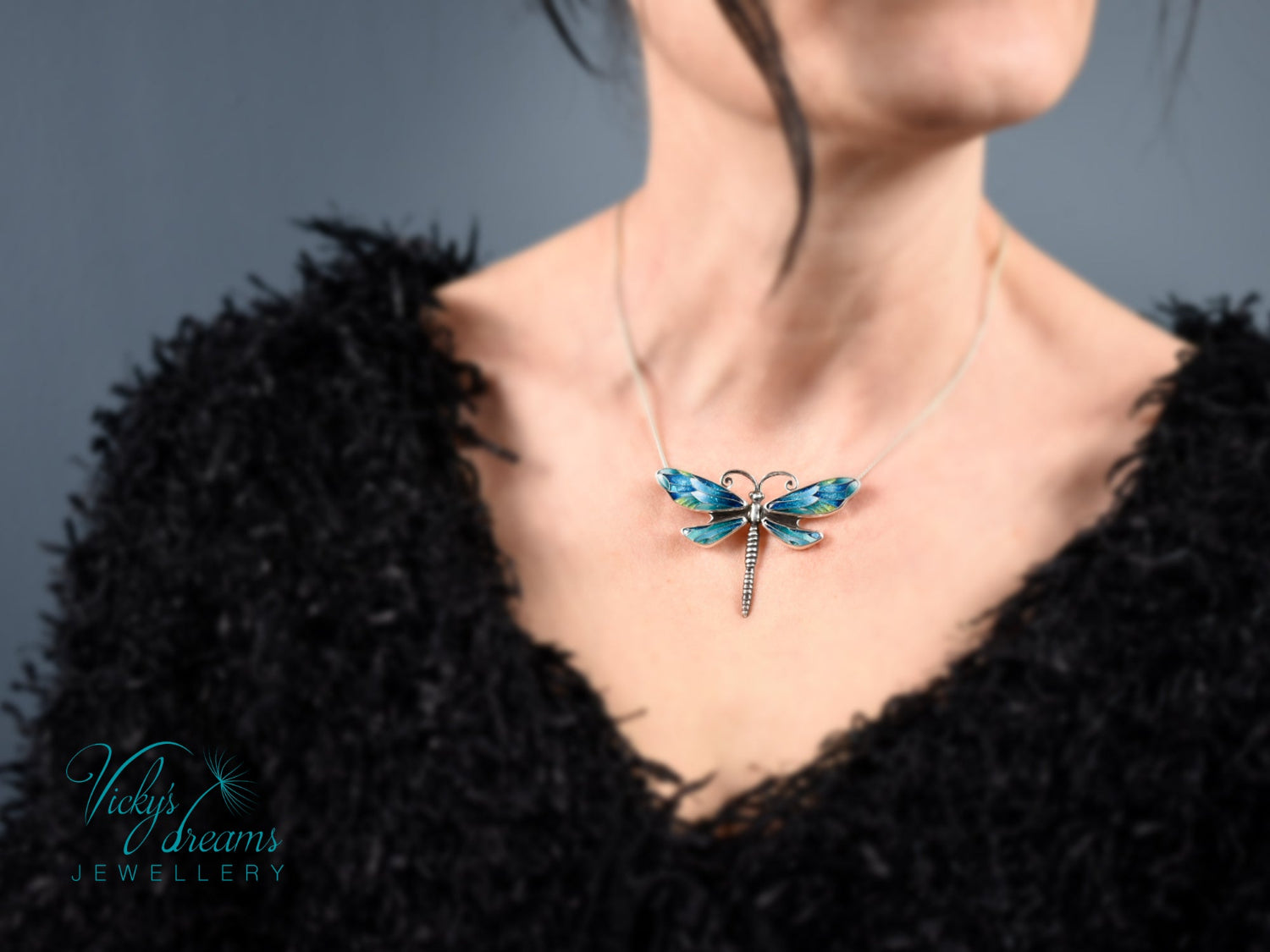 Handmade cloisonné enamel dragonfly pendant in oxidized sterling silver
