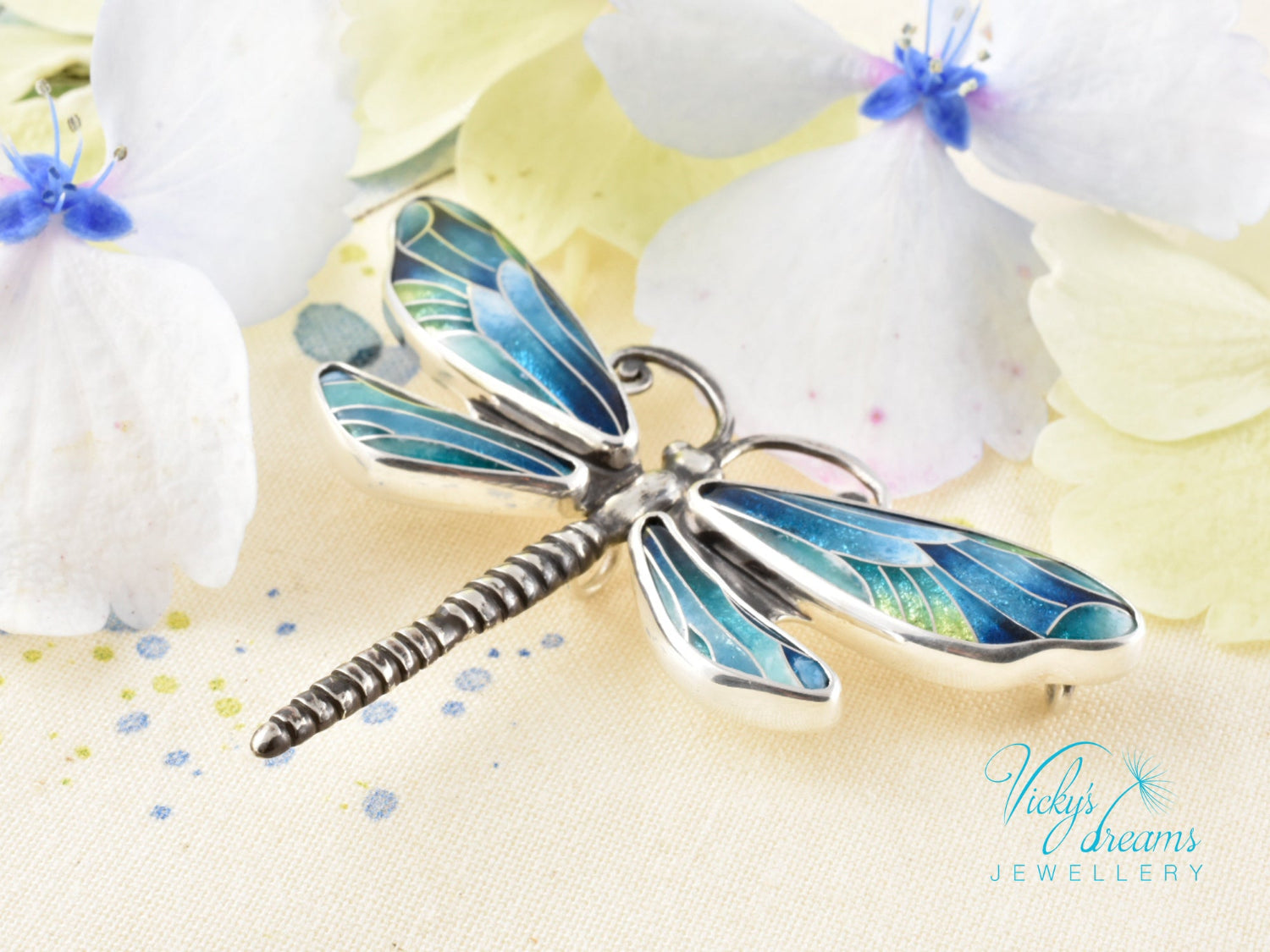Handmade cloisonné enamel dragonfly pendant in oxidized sterling silver
