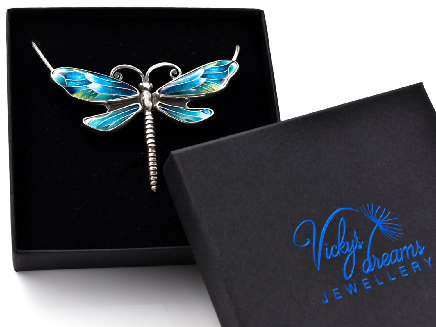 Handmade cloisonné enamel dragonfly pendant in oxidized sterling silver
