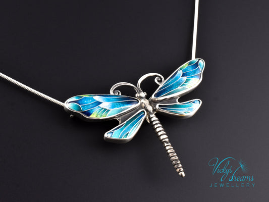 Handmade cloisonné enamel dragonfly pendant in oxidized sterling silver